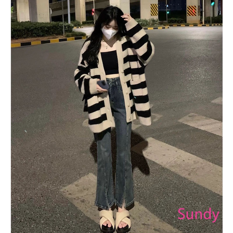 Quần Jean Lưng Cao Ống Rộng Xẻ Tà Thời Trang Thu Đông Cho Nữ