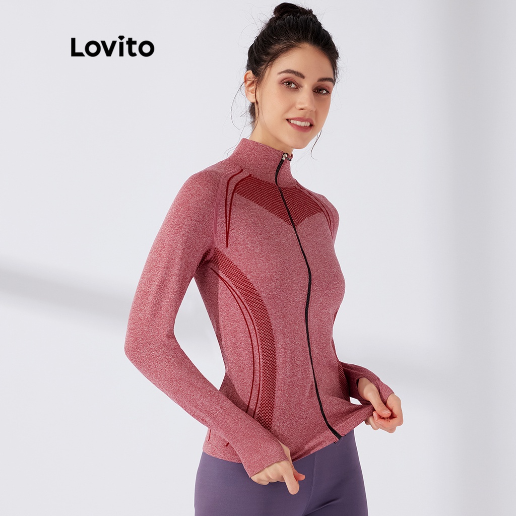 Áo khoác thể thao Lovito màu trơn cơ bản dây kéo zipper L23AD020 (màu đen/màu đỏ gỗ)