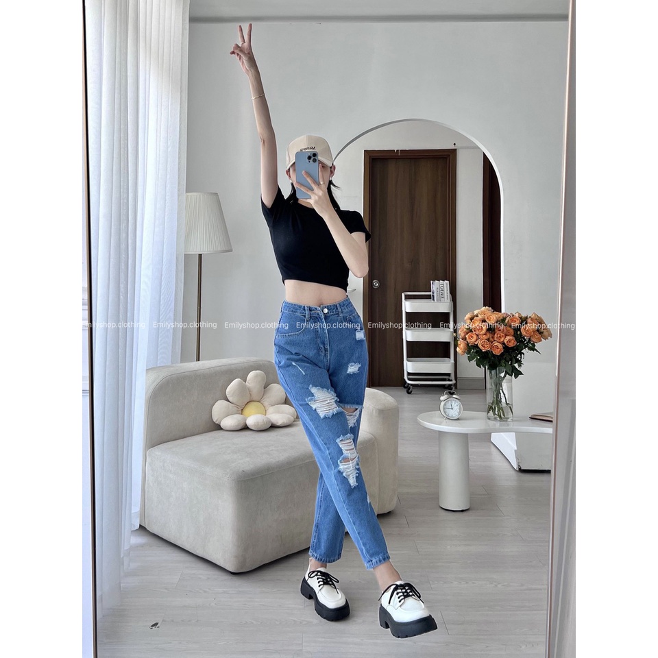 Quần jean bò nữ denim ống rộng suông lưng cạp cao form rộng chất đẹp Emilyshop ulzzang