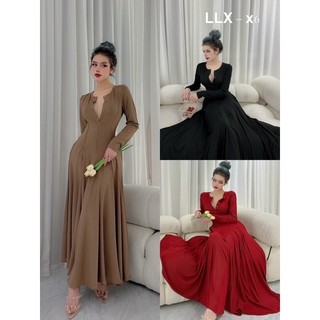 Đầm dáng xoè dài tay cúc ngực cổ tròn