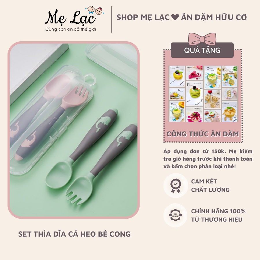 Bộ thìa dĩa bẻ cong tay cầm cá heo cho bé tập ăn, thiết kế dễ sử dụng và đáng yêu