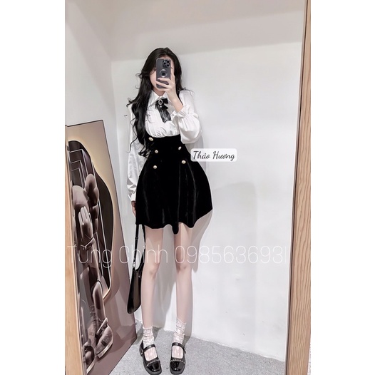Set váy yếm nhung + áo sơ mi tay bồng tag nơ
