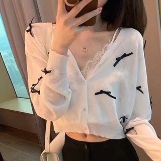 Áo Croptop Tay Dài Phối Nơ Thiết Kế Cổ Chữ V Thanh Lịch