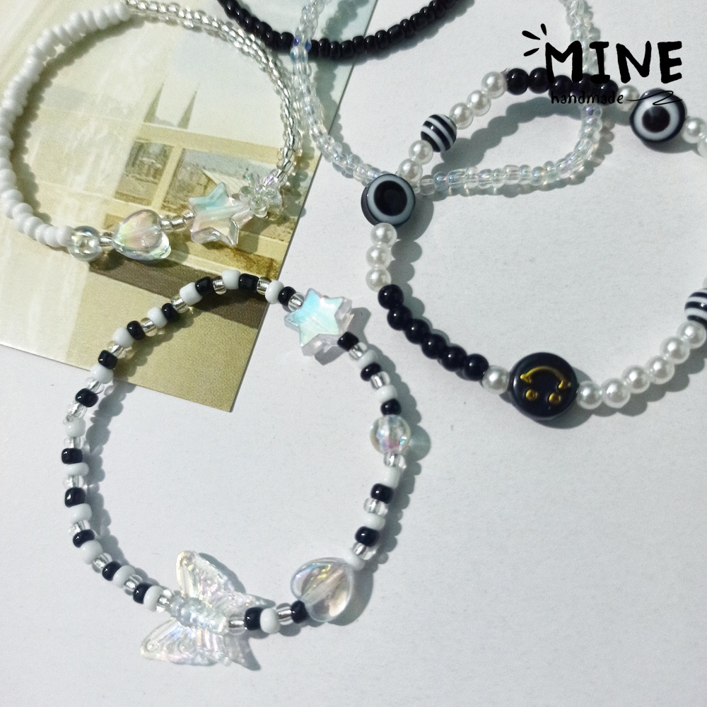 Vòng tay hạt cườm trắng đen hình bướm sao tim mắt quỷ mặt cười mix thời trang unisex phong cách Hàn Quốc Minehandmade