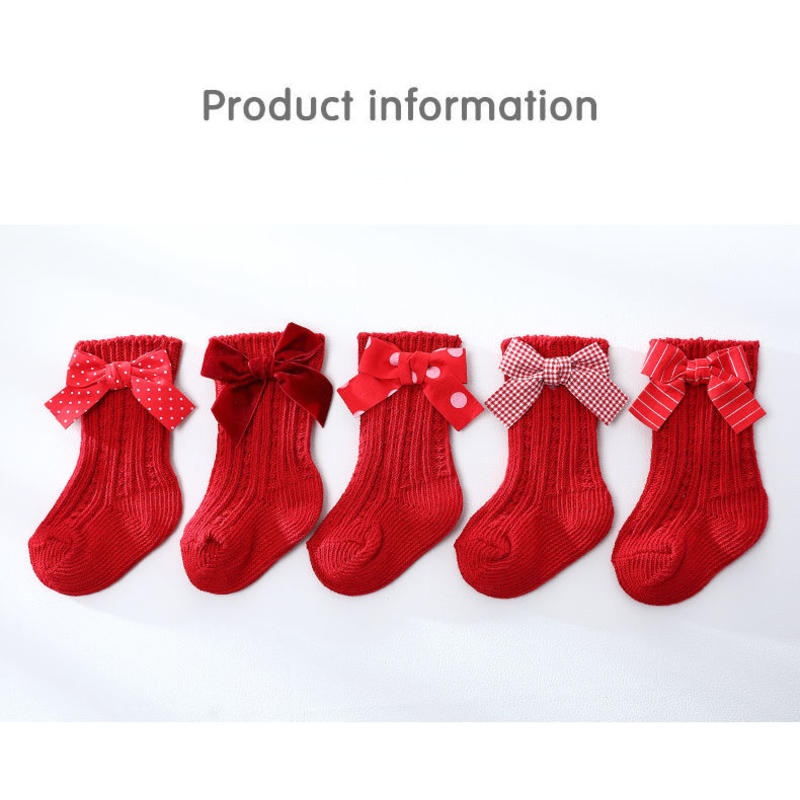 Vớ Cotton Cổ Cao Màu Đỏ Đính Nơ Thời Trang Giáng Sinh Năm Mới Cho Bé Gái Sơ Sinh