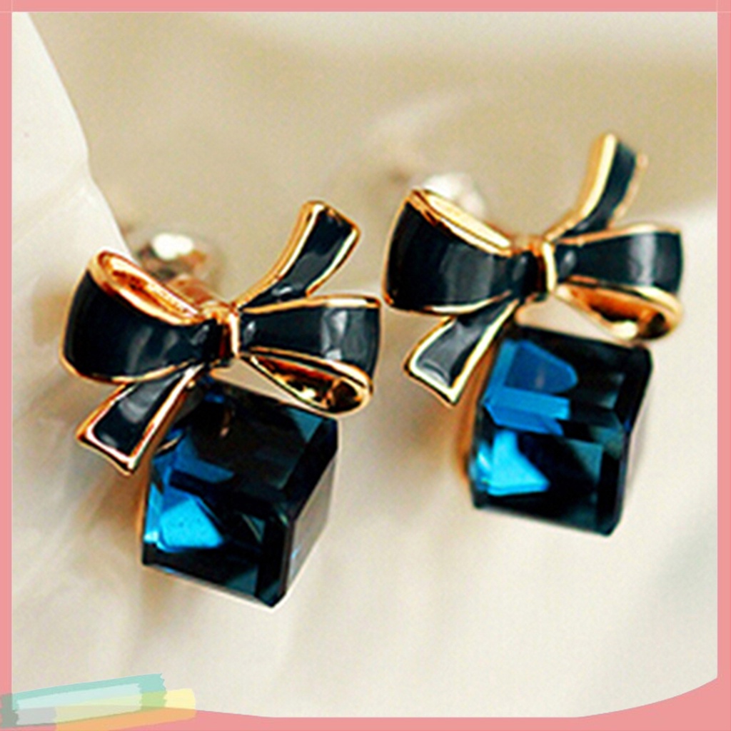 Đôi khuyên tai hình khối Zircon phối nơ thời trang cho nữ