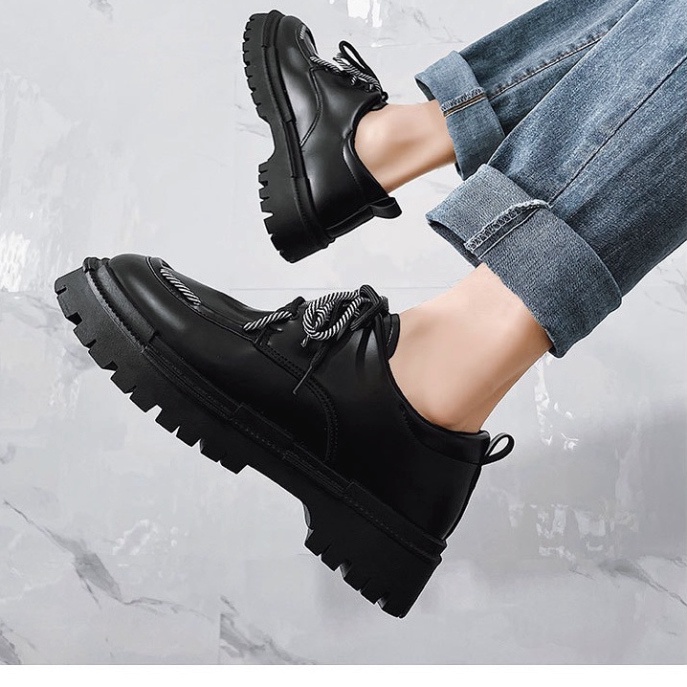 ✔️Giày nam bốt da cổ thấp mũi tròn phong cách Nhật Bản thời trang nâng chiều cao, giầy tây dr marten Đen Full Box 7608