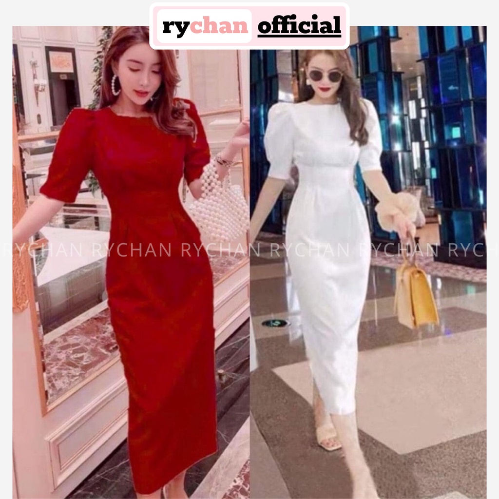 [ẢNH THẬT CUỐI] Đầm Dáng Dài Cổ Tròn Xếp Li Eo Sành Điệu, Đầm Nữ Tôn Dáng Tay Ngắn Màu Đỏ Trắng-DX168