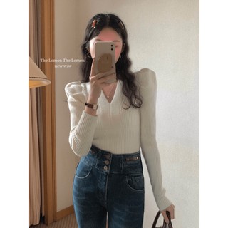 Áo len tăm cổ v tay dài bồng vai dáng basic