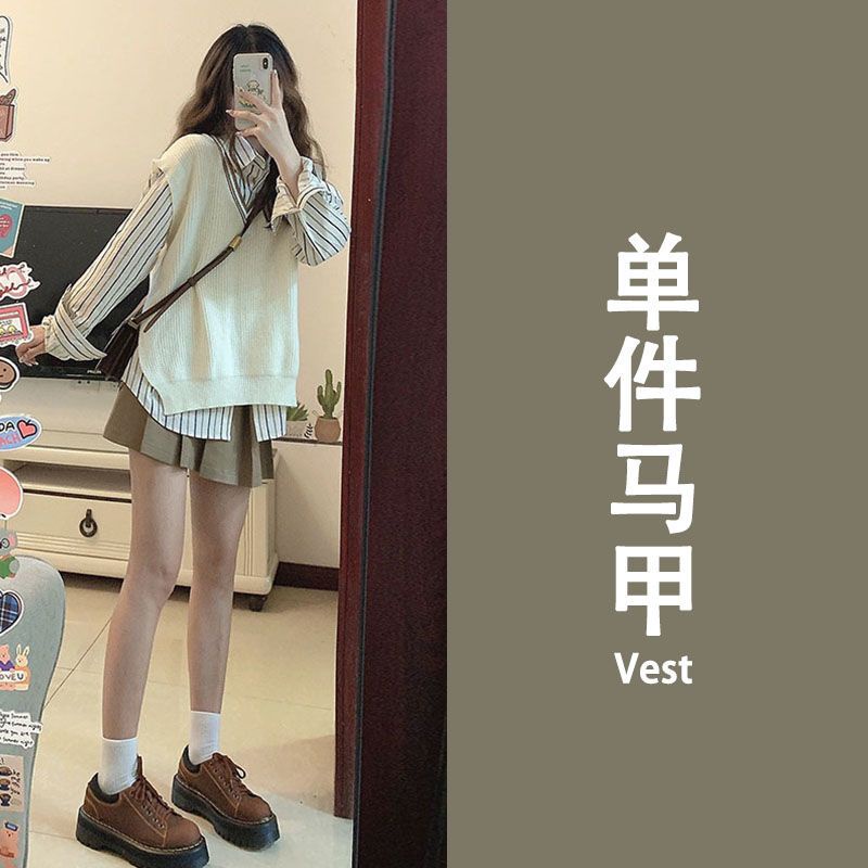 Bộ Áo Sơ Mi Cổ Chữ V + Chân Váy Xếp Ly Lưng Cao Xinh Xắn Theo Phong Cách Mùa Thu Hàn Quốc 101.2
