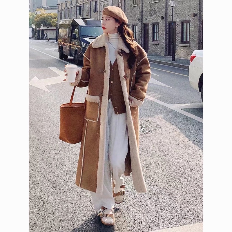 Áo khoác da lộn lót lông siêu ấm dáng dài màu nâu phong cách Hàn quốc