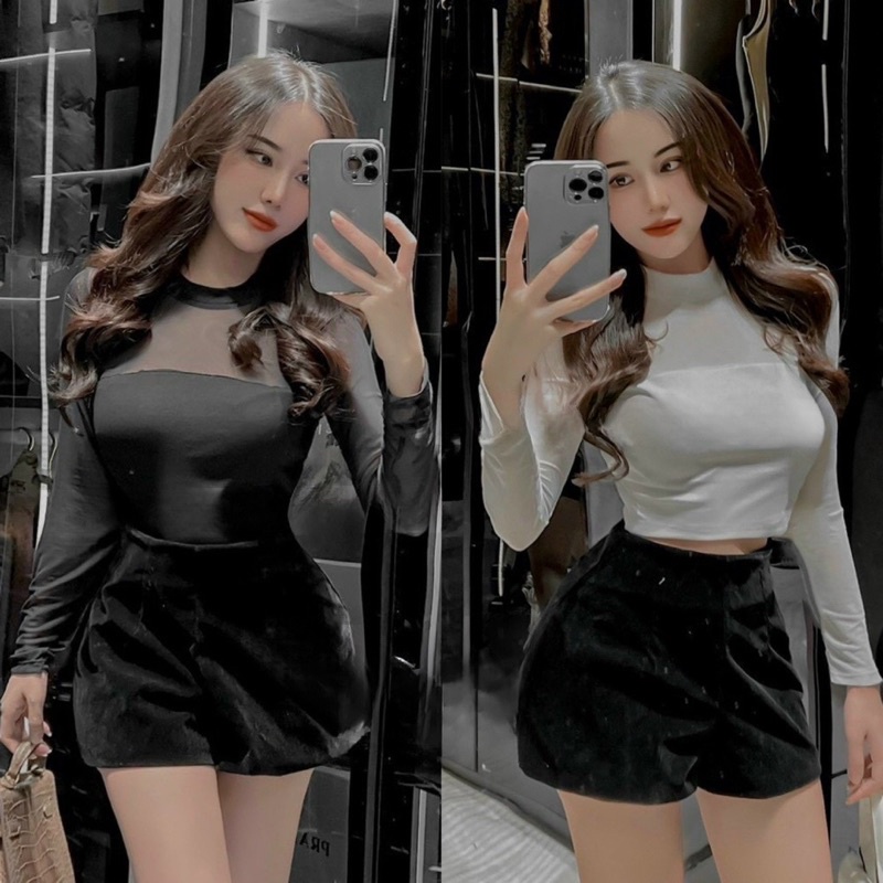 Áo Thun Croptop Phối Lưới Tay Dài Cổ Lọ