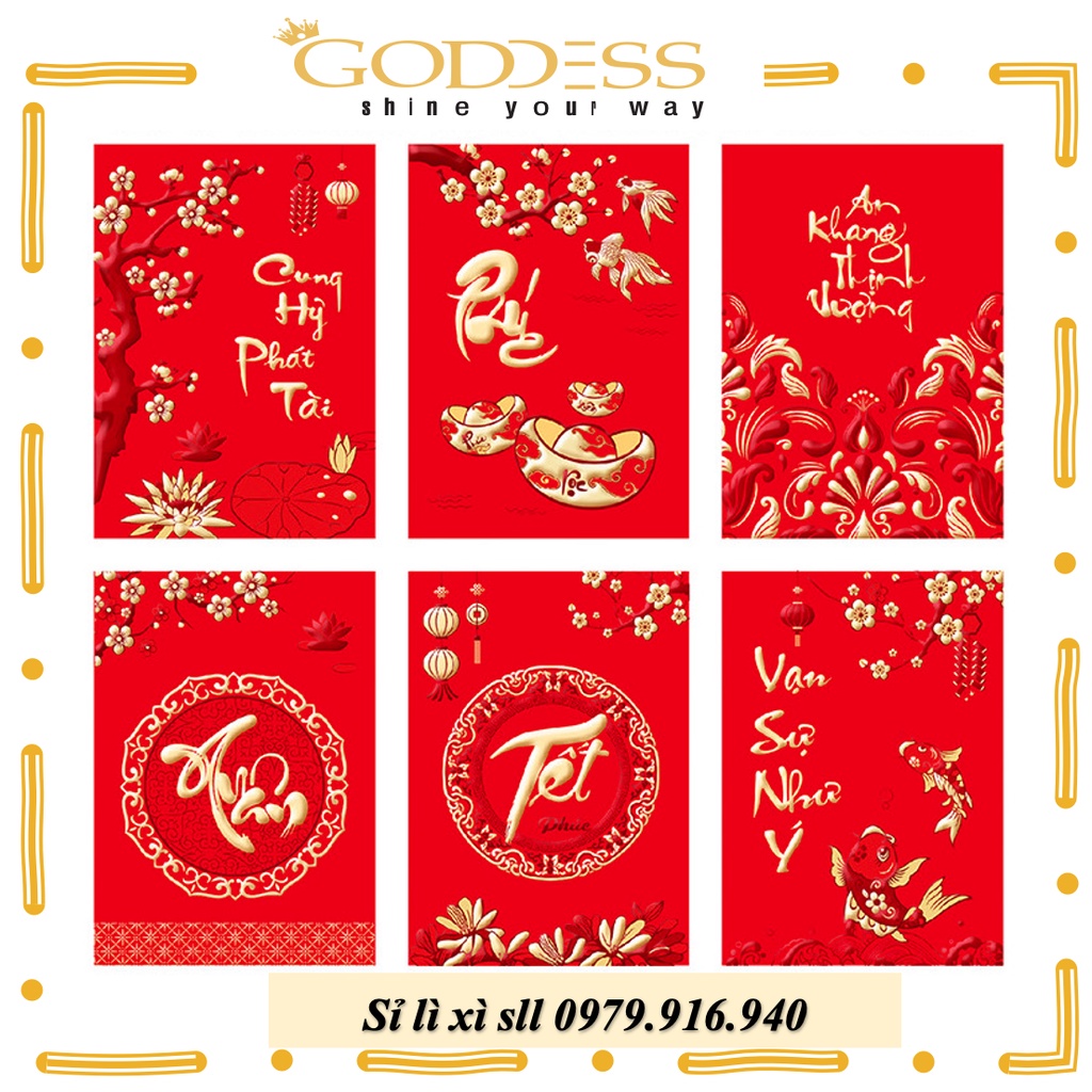 Bao Lì xì tết Quý Mão 2023 - Set 6 Bao Lixi Tết Loại Nhỏ 8x11cm độc Lạ màu Đỏ in kim chữ nổi 3D truyền thống giá sỉ