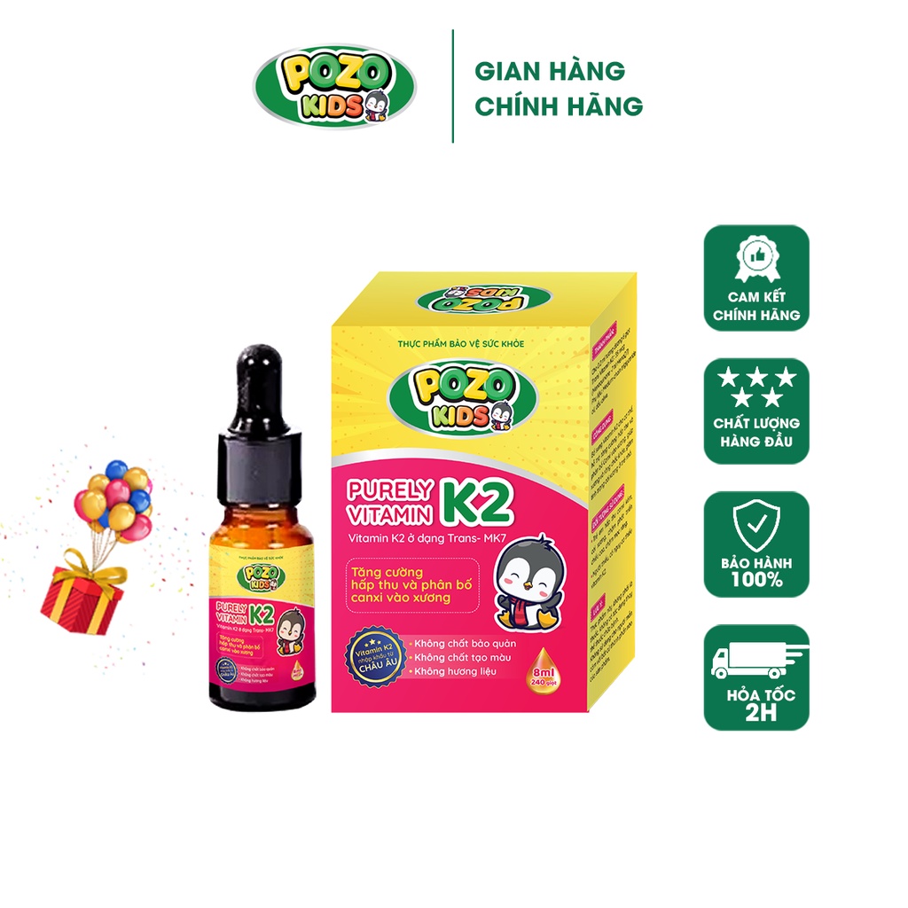 Pozokids - Vitamin K2 Hỗ Trợ Tăng Cường Hấp Thu Và Phân Bổ Canxi Vào Xương Giúp Trẻ Cao Lớn Vượt Trội - Lọ 8ml