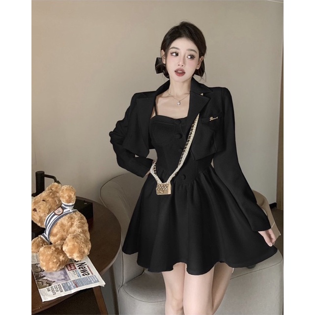 Set đầm dạ tweed xếp ly dáng xoè kèm khoác vét crotop hàng uzzlang( Up kèm ảnh thật trải sàn ship hoả tốc )