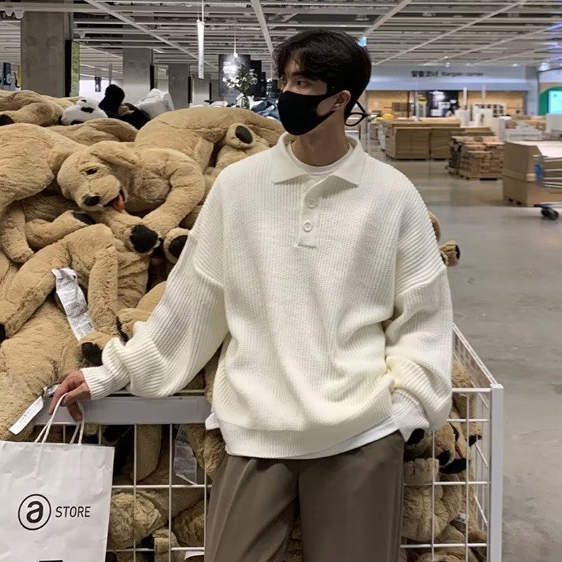 Áo Sweater Dệt Kim Tay Dài Cổ Polo Dáng Rộng Màu Sắc Đơn Giản Phong Cách Hàn Quốc Thời Trang Thu Đông Cho Nam