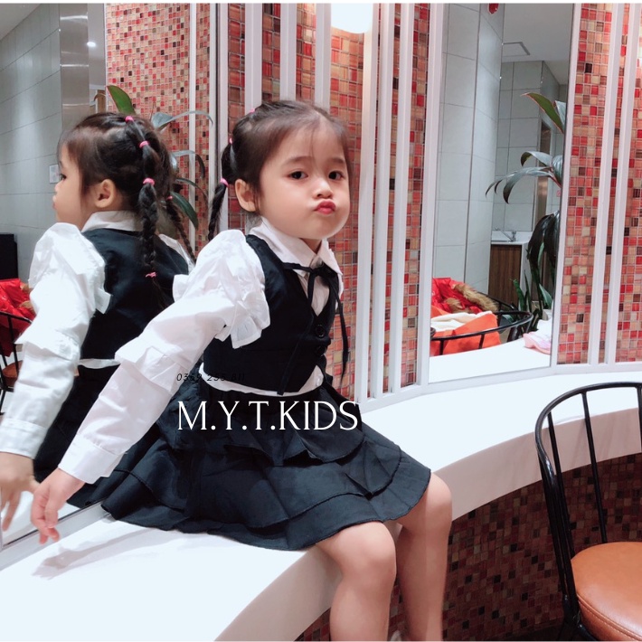 Set 3 Chi Tiết Bé Gái áo sơ mi kèm cv và áo vest sành điệu Mytkids