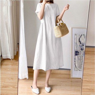 Đầm trắng linen công sở basic, form suông rộng dễ mặc, chất liệu thoáng mát Cs76