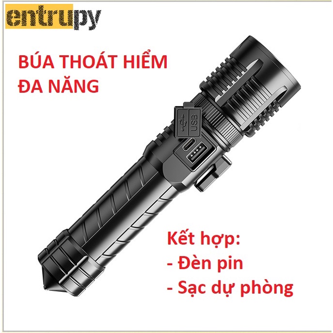Búa Thoát Hiểm Đa Năng Kết Hợp Đèn Pin Siêu Sáng, Sạc Dự Phòng
