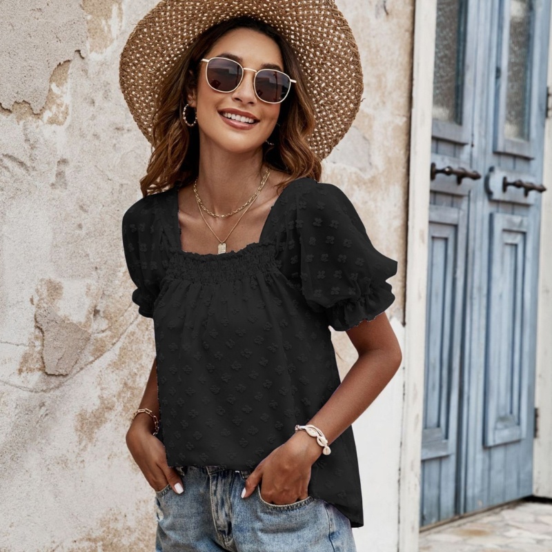 Áo Voan Hoa Ngắn Tay Cổ Vuông Xinh Xắn Thời Trang Cho Nữ