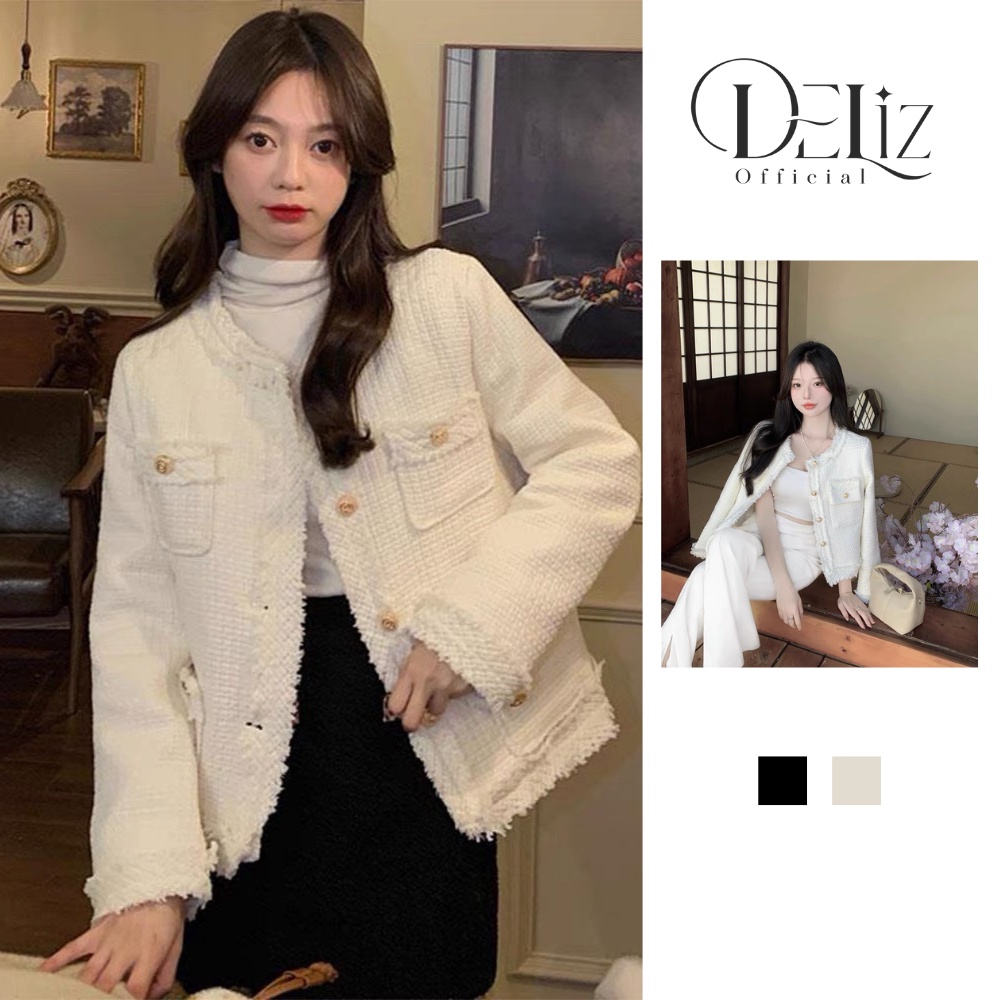 Áo khoác dạ tweed hai lớp DELIZ khoác dạ trắng kem thiết kế cao cấp