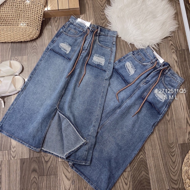 Chân váy jean dài xẻ kèm dây rút chuẩn dáng hàng sẵn giao ngay