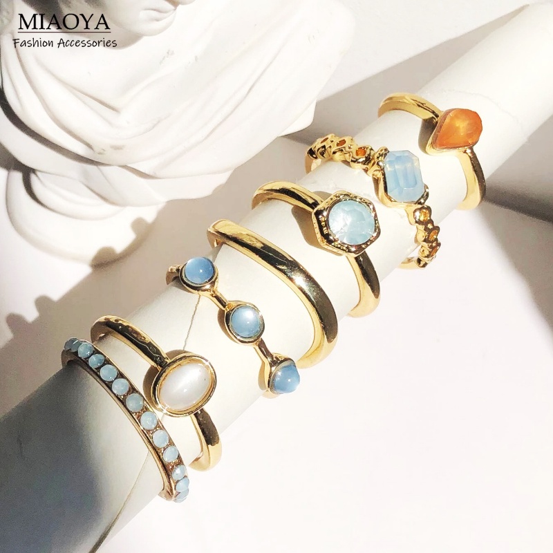 Set 7 Nhẫn Kim Loại Đính Đá Pha Lê Nhân Tạo Phong Cách Năm Mới