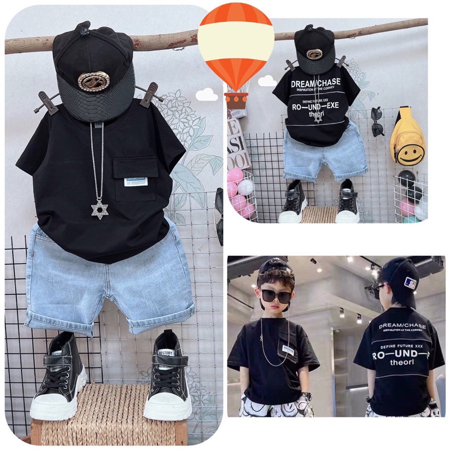 Đồ bộ bé trai, bộ jean phối túi sành điệu cho bé từ 15 đến 55 kg