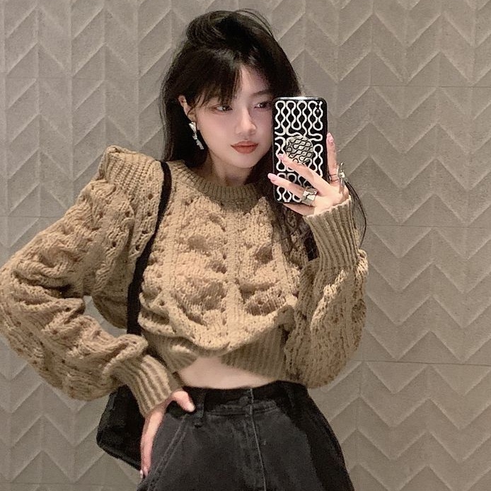 Áo kiểu SUXI dệt kim cổ tròn tay dài khoét lỗ màu sắc đơn giản thời trang cho nữ