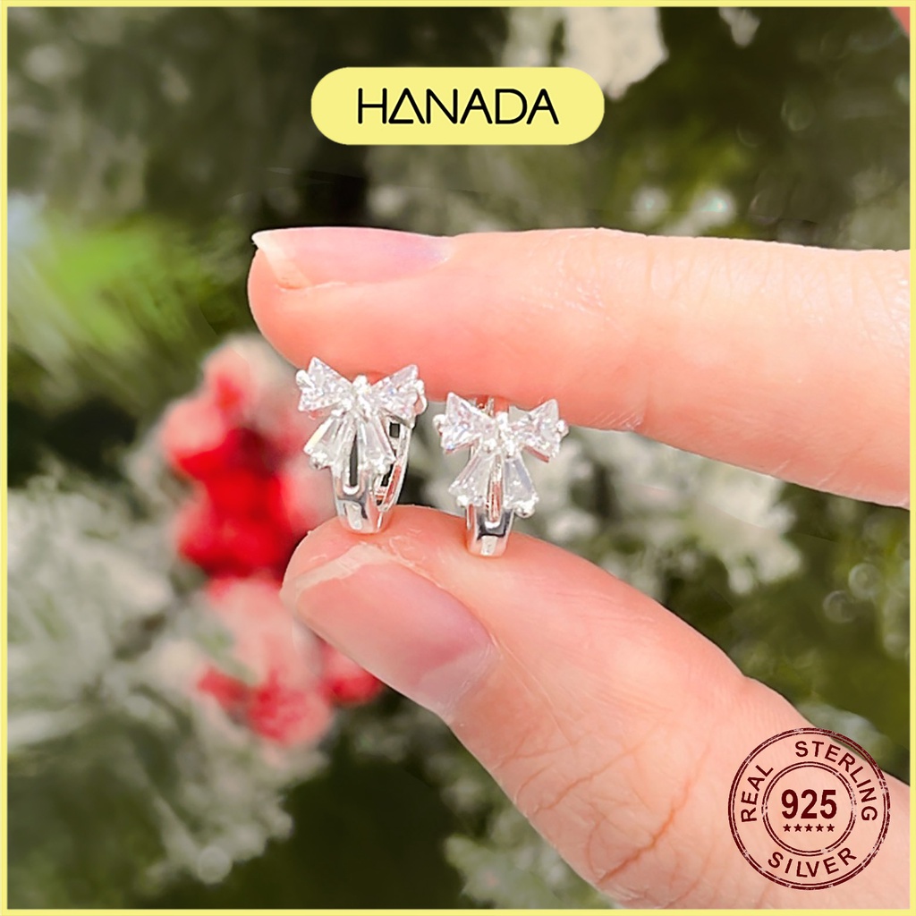 Khuyên Tròn Bạc 925 Hanada Bông Tai Tròn Bấm Bật Nơ Đính Đá Tiểu Thư 1014 D1