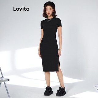 Đầm nữ Lovito cổ tròn cơ bản Split Thigh Basic L33AD085 (Đen)