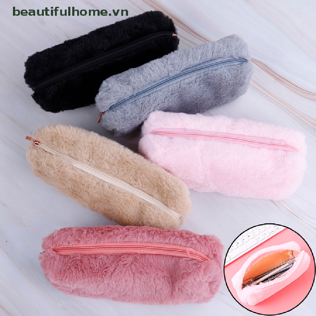 1 Túi Đựng Bút / Đồ Trang Điểm Phủ Lông Xù Dễ Thương Dành Cho Bạn Gái