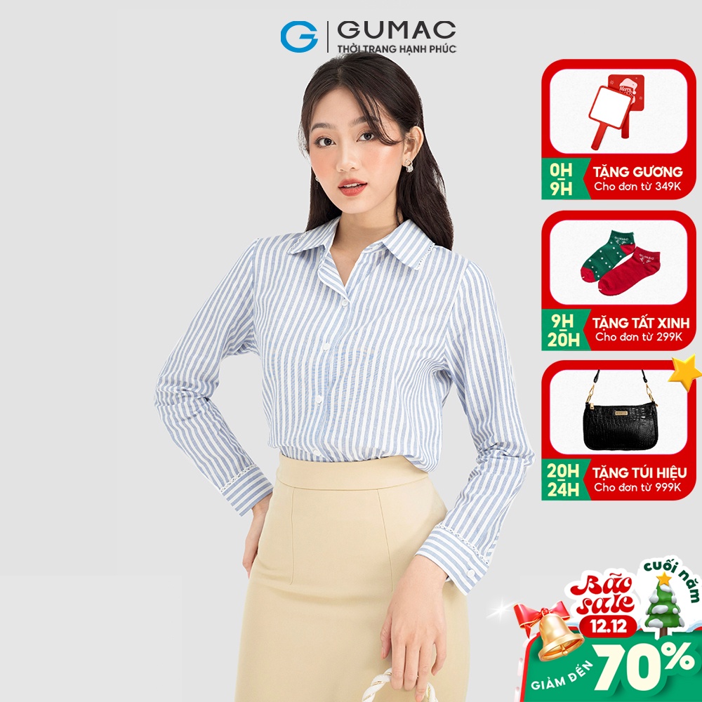Áo sơ mi nữ GUMAC nhiều màu kiểu phối ren họa tiết sọc AC08058