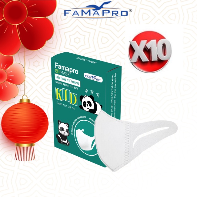 [Combo 10 Hộp] khẩu trang y tế trẻ em kháng khuẩn 3 lớp Famapro 5D Mask Kids quai vải 10 cái/hộp (dưới 25kg)