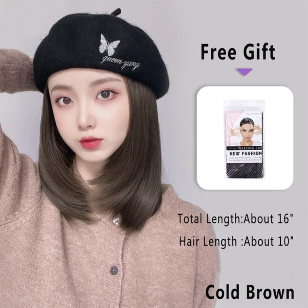 ANEMONE Mũ Beret Dệt Kim Phối Tóc Giả Màu Nâu / Đen Cách Nhiệt Thời Trang Mùa Đông Chất Lượng Cao Cho Nữ