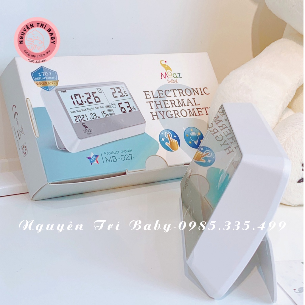 Nhiệt ẩm kế đa năng Moaz bebe MB027 có nhiệt độ, độ ẩm, ngày giờ, thời tiết, hẹn giờ