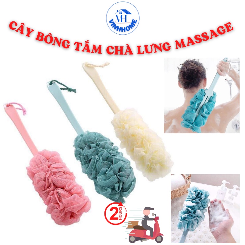 Cây Tắm Cọ Lưng Đầu Bông Mềm Mại/ Bông tắm cán tay cầm dài thiết kế vừa tay giúp massage tẩy da chết siêu sạch