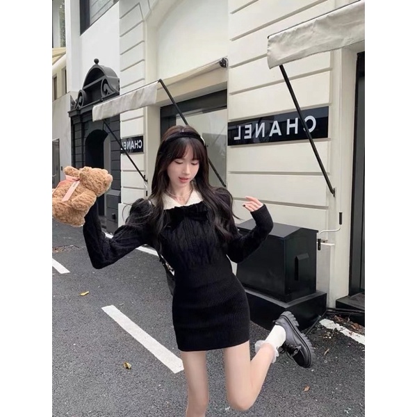 Sét váy len tiểu thư kèm nơ nhung ulzzang od