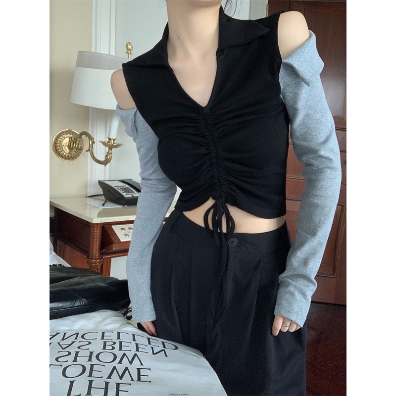 Áo kiểu ZHELIHANGFEI trễ vai tay dài phối dây rút phong cách retro