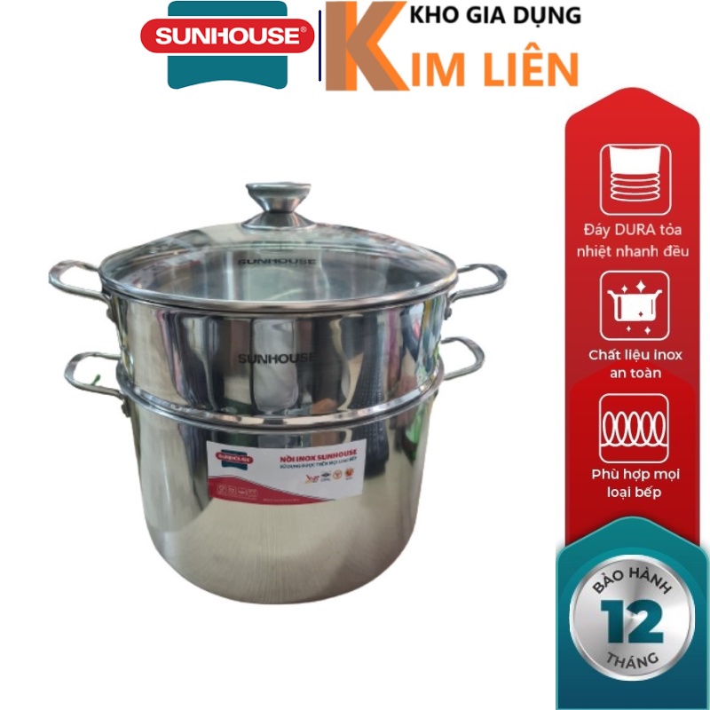 Bộ nồi xửng hấp inox SUNHOUSE SHG103-28 (Size: 28cm) - Nắp kính cường lực, dùng được bếp từ - Chính hãng BH 12 tháng