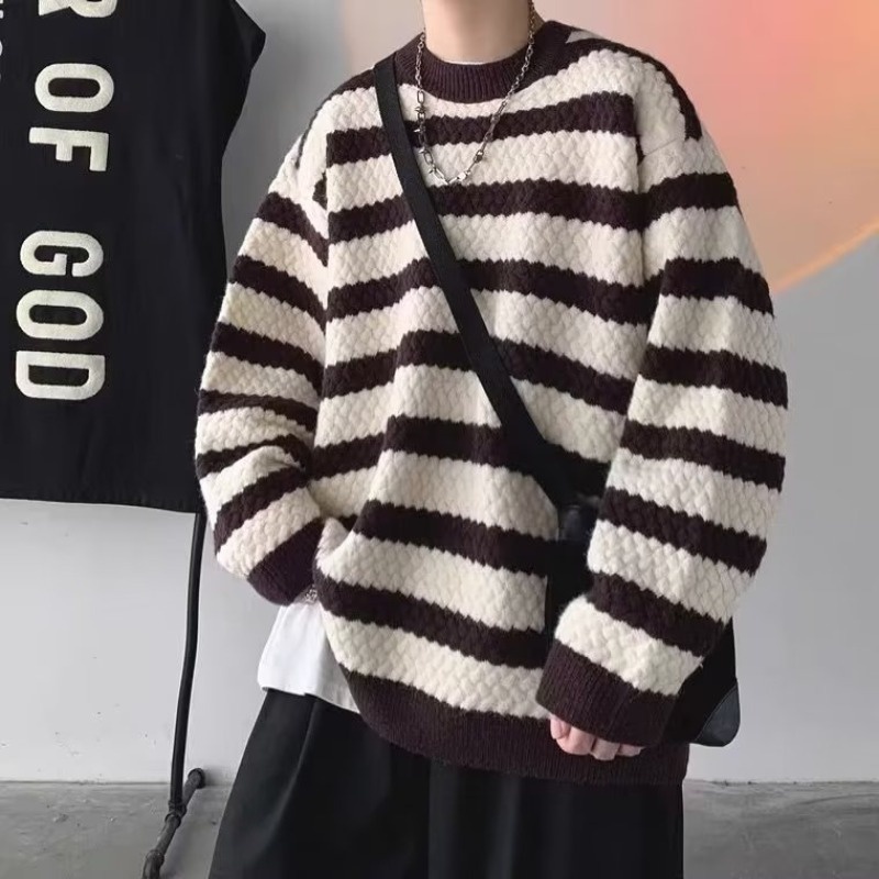 Áo Khoác Sweater Dệt Kim Dày Tay Dài Kẻ Sọc Kiểu Hàn Quốc Thời Trang Thu Đông Cho Nam