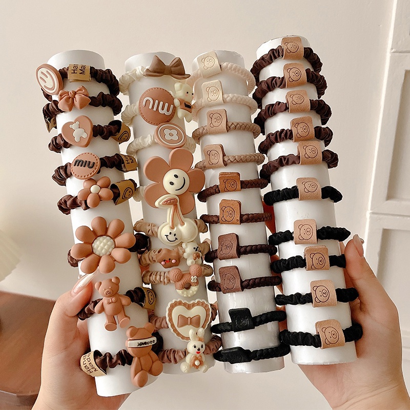 Set 8 Dây Buộc Tóc Cao Su Co Giãn Hình Gấu Nâu Dễ Thương Cho Nữ
