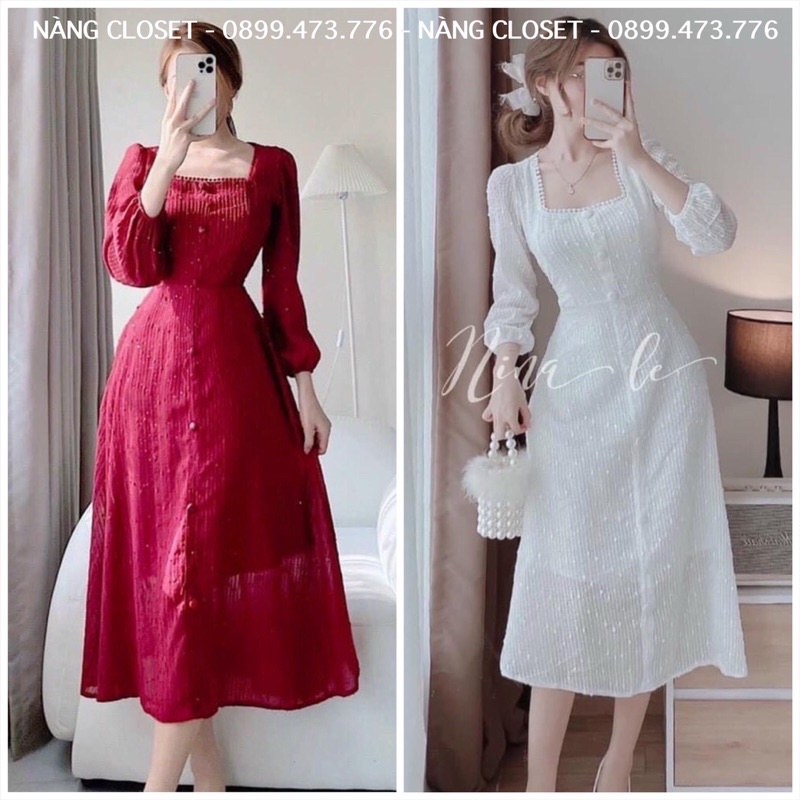 Đầm midi voan dệt nổi cổ vuông viền ren màu trắng/đỏ đô NÀNG CLOSET