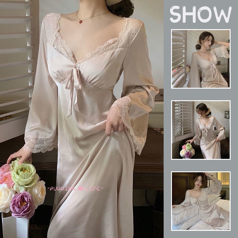 Đầm Ngủ Công Chúa Tay Dài Dáng Rộng Phong Cách Pháp Phối Bèo / Ren Cao Cấp baju tidur