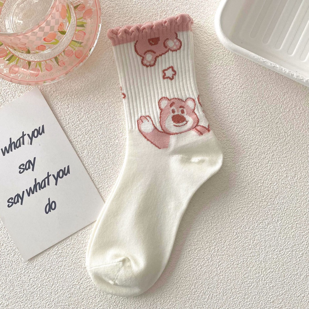 Vớ Thu Đông Màu Hồng In Hình Gấu Dễ Thương Phong Cách Hàn Quốc Cho Nữ