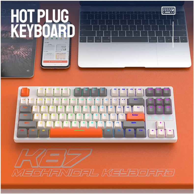 Bàn phím cơ K87 có Hot Swap 87 phím Led đơn, RGB Redswitch Cáp Type C rời nhỏ gọn chuyên chơi game, làm việc văn phòng