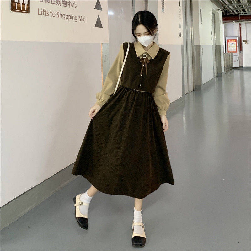 🎀váy babydoll dáng dài váy mùa đông cho nữ váy dài Đầm Giả Hai Mảnh Dáng Dài Phối Nơ Phong Cách Pháp Cổ Điển Mẫu Mới 2022