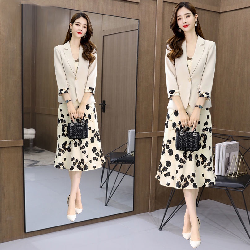 Set Áo Thun Dài Tay + Đầm Hai Dây Họa Tiết Hoa Phong Cách Hàn Quốc Thời Trang Xuân Thu Cho Nữ Size M-3xl