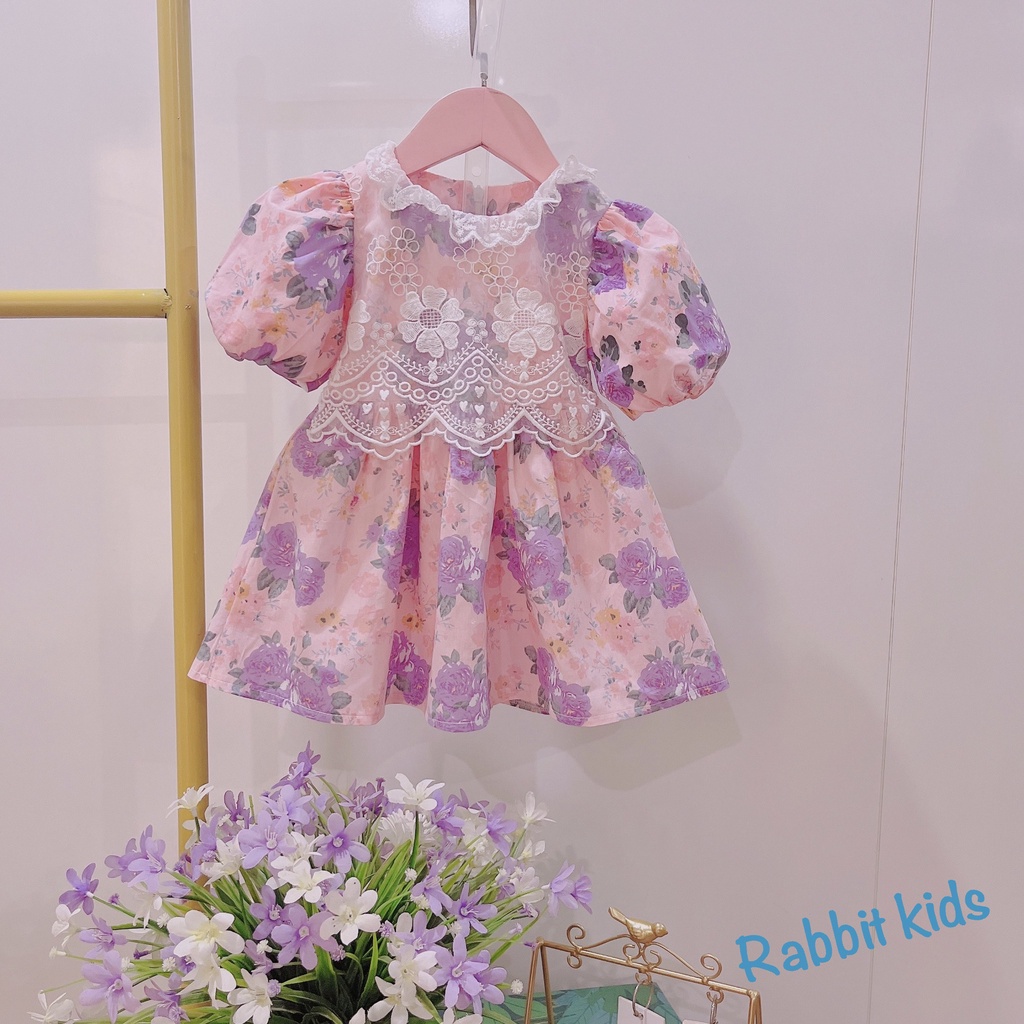 Đầm Bé Gái Size Đại 8-40kg💝FREESHIP💝 Rabbit Kids- Váy Công Chúa Hoa Tím Ren Bản To Cho Bé 5,6,7,8,9,10 tuổi