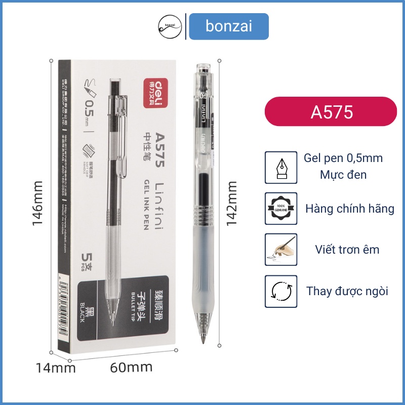 Bút gel Deli A575 ngòi 0,5mm mực đen dùng cho sinh viên văn phòng.